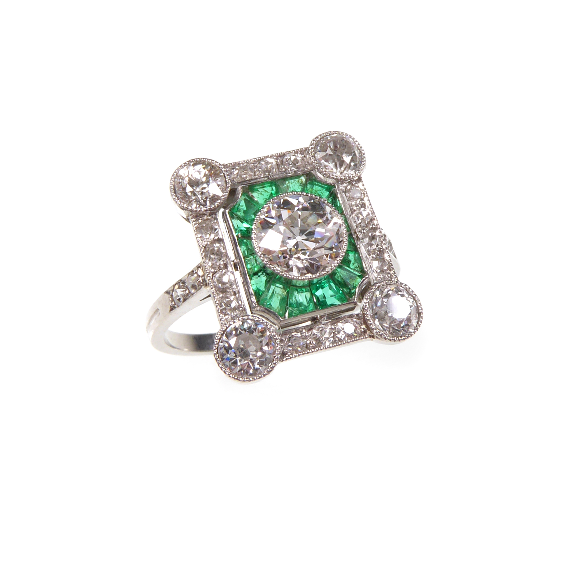 Art Deco diamond and emerald cluster ring, c.1920, rectangular outline,